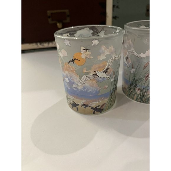 Beautiful pair Partylite Candle Holders Morning Tide Frosted Birds Sunset Beach - Picture 2 of 8